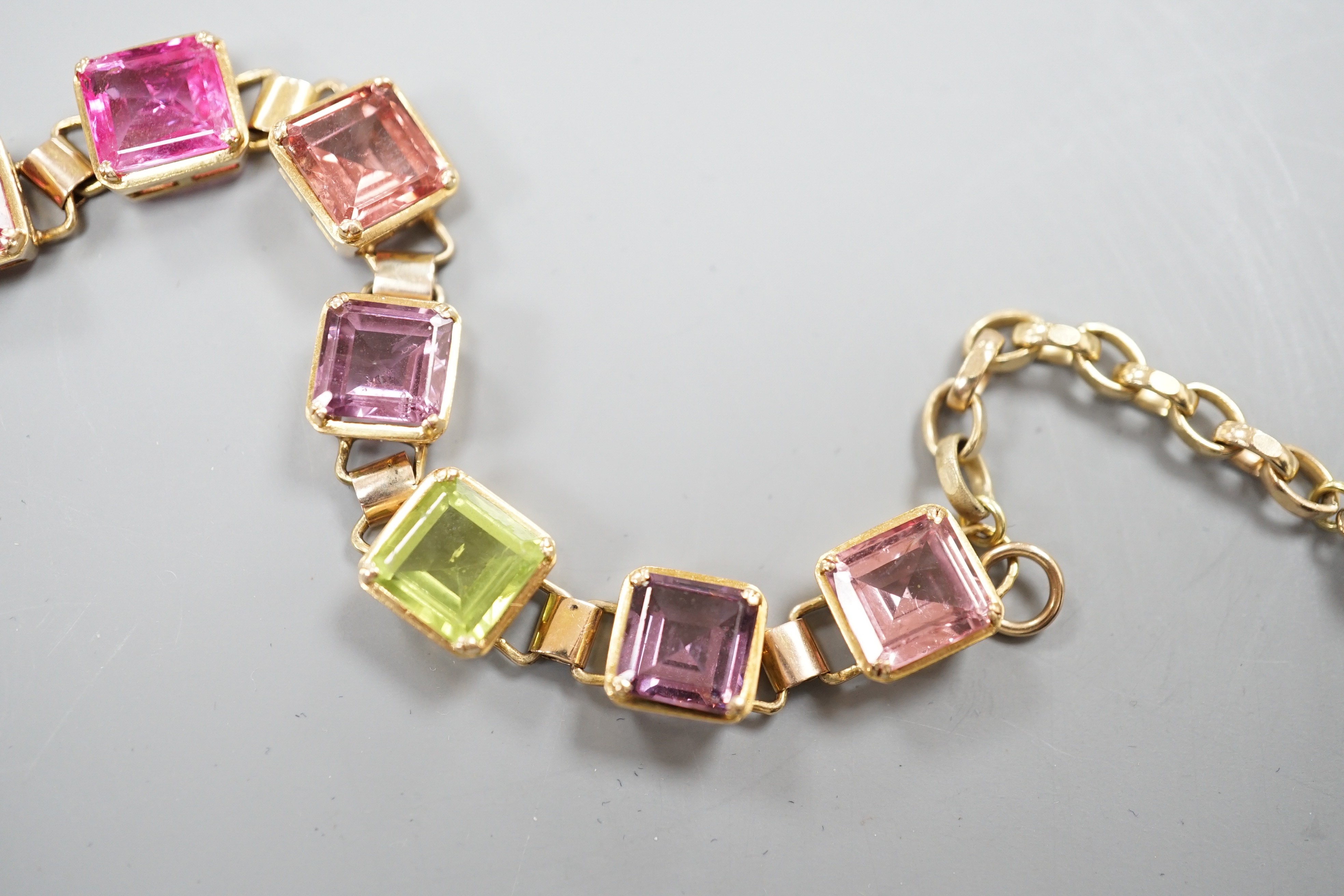 A modern 9k yellow metal and multi gem set bracelet, overall 24cm, gross weight 19.5 grams